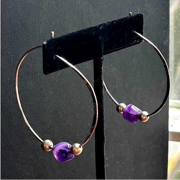 Vintage Sterling Silver Hoop Earrings – Amethyst Beads, 1990s Y2K, 6.5g - Picture 2 of 5